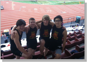 James Jiang, Alec Siskar,Ryan Berkun, and Huibo Guan smile after a successful track meet.