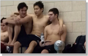 The current swim record, Seniors James Jiang (left) and Nicolas West (right) enjoy quality time with Junior Huibo Guan during a meet at West Seneca West.